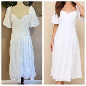 NWOT Lulus Heavenly Energy White Textured Puff Sleeve Pleated Midi Dress